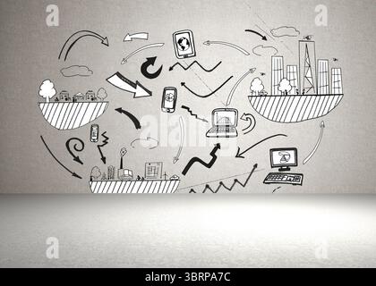 Disegnare il concetto di rete nera che mostra le scene della comunità e del settore che collegano i dispositivi digitali nella galleria Foto Stock