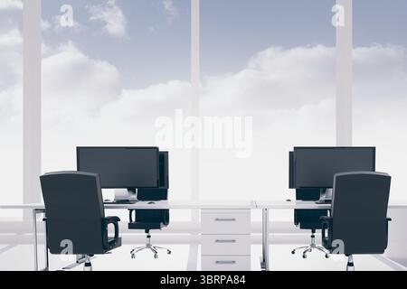 Design piatto che mostra le postazioni di lavoro da ufficio con cassetti bianchi, sedie nere, monitor e finestre Foto Stock