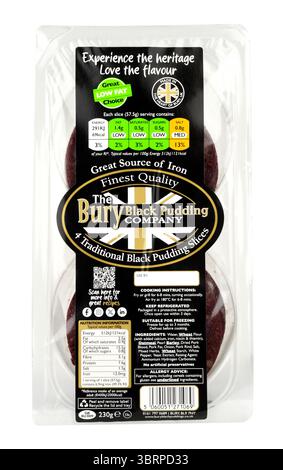 La Bury Black pudding Company offre le migliori fette di budino nero tradizionale in una confezione da 230 g contenente quattro fette Foto Stock