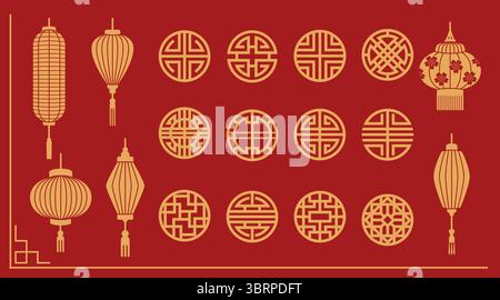 Elementi orientali dorati sul rosso - lanterne cinesi con varie forme, motivi geometrici giapponesi del cerchio. Decorazioni tradizionali asiatiche - simboli a reticolo rotondi per celebrazioni culturali. Illustrazione Vettoriale