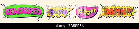 Set di bolle di colore con parole censurate, dettagli piccoli e maledetti. Illustrazione Vettoriale