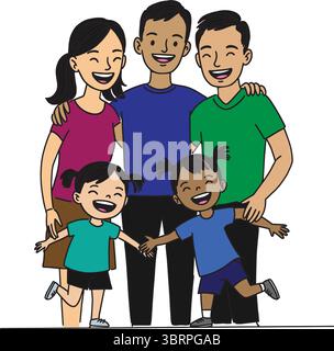 Un gioioso ritratto di famiglia con cinque membri Illustrazione Vettoriale