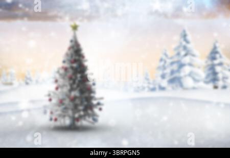 L'albero di Natale dal design piatto si trova in una pineta ricoperta di neve con baubles rosse e stelle dorate Foto Stock