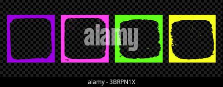 Cornici quadrate grunge Graffiti Imposta modelli. Bordo della vernice con bordi ruvidi per coperchio e striscione. Sovrapposizioni con texture retrò. Colori neon rettangolari Illustrazione Vettoriale