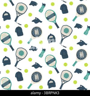 Padel tennis senza cuciture. Racchette sportive, palle e visiere sfondo senza fine. Ripete l'ornamento della copertura del gioco delle pagaie. Design con ripetizione di superficie entertai Illustrazione Vettoriale