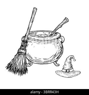 Calderone magico con una pozione, una scopa e un cappello da strega, uno schizzo a inchiostro bianco e nero. Illustrazione vettoriale. Un mistico entourage di Halloween, isolato Illustrazione Vettoriale