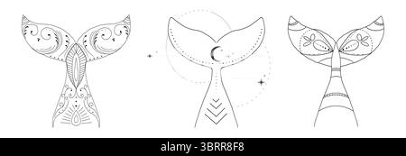 Coda di balena con schizzi d'acqua cerchi stelle e linea lunare disegnano un tatuaggio geometrico minimale. Sirena o mammifero oceanico con onde vintage. Illustrazione vettoriale Illustrazione Vettoriale