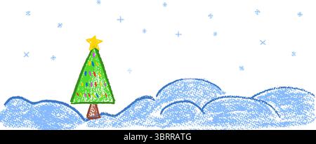 Colorata una allegra scena natalizia con un albero di Natale in ciaspole decorato con una stella e una brillante ghirlanda disegnata da una texture in stile cera. Cartone animato Kawaii Illustrazione Vettoriale