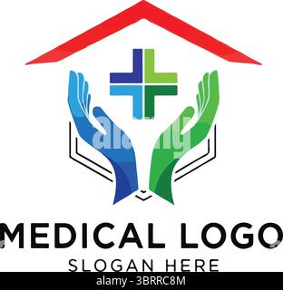 Logo medico con mani e segno più Illustrazione Vettoriale