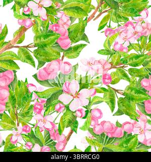 Fiore rosa. Motivo senza cuciture con fiore primaverile in fiore. Albicocca, ciliegia, pera, mandorla, mela, pesca. Fiori, foglie e boccioli disegnati a mano Foto Stock