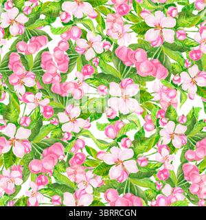 Fiore rosa. Motivo senza cuciture con fiore primaverile in fiore. Albicocca, ciliegia, pera, mandorla, mela, pesca. Fiori, foglie e boccioli disegnati a mano Foto Stock