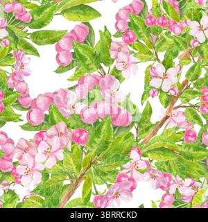 Fiore rosa. Motivo senza cuciture con fiore primaverile in fiore. Albicocca, ciliegia, pera, mandorla, mela, pesca. Fiori, foglie e boccioli disegnati a mano Foto Stock