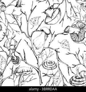 Bolete cep russula suillus tappo di latte funghi a righe, foglie autunnali cadute lumache. Funghi natura motivo senza cuciture disegnato a mano con inchiostro vettoriale. Brambles Illustrazione Vettoriale