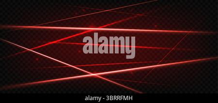 Raggi laser rossi. Illuminante che attraversa raggi laser al neon 3d brillanti, sistema di sicurezza, concetto di design tecnologico. Effetto luce parassita, scanner laser. Sfondo vettoriale per feste e club. Illustrazione Vettoriale