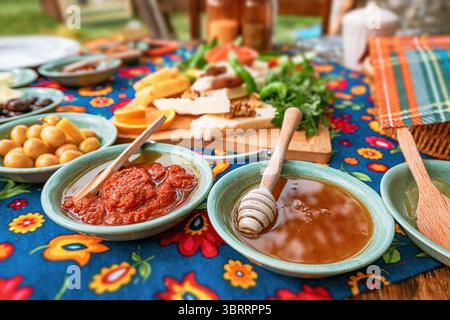 Colazione tradizionale turca con miele, pasta di pomodoro, olive, formaggio, frutta e marmellate varie servite su una tovaglia colorata Foto Stock