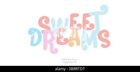 Frase di scrittura Sweet Dreams slogan di citazione, grazioso design tipografico pastello. Perfetto per carte, poster, social media, arredamento per vivai, maglietta con logo Illustrazione Vettoriale