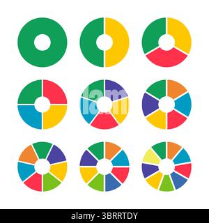 Diagrammi ciambelle. Pizza, torta segmentata da 1 a 9 parti uguali. Infografica diagrammi multicolore. Grafici di sezione circolare. Ruote divise in sezioni Illustrazione Vettoriale