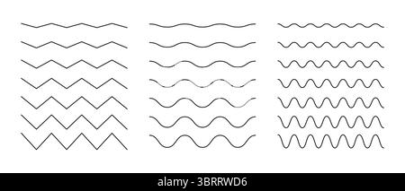 Serie di linee d'onda. Motivi ornamentali ondulati. Acqua, fiume, lago, mare, simbolo dell'oceano. Creare un'onda sullo sfondo con linee sottili. Zigzag, bordi ondulati, trasversali Illustrazione Vettoriale