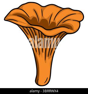 Un'illustrazione vettoriale di un fungo canterellare, che mostra la sua esclusiva forma a imbuto e la vibrante tonalità arancione, con contorni scuri per una mano Illustrazione Vettoriale