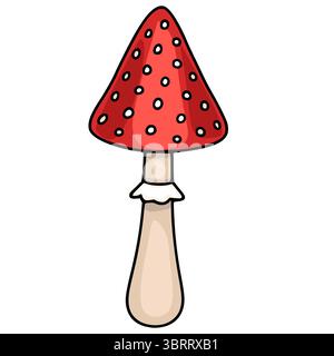 Adorabile illustrazione vettoriale di un fungo agarico amanita a mosca animata con un tappo rosso conico punteggiato da macchie bianche e uno stelo beige, perfetto per chi Illustrazione Vettoriale