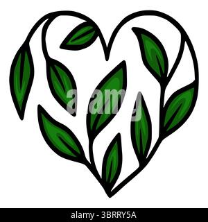 Elegante illustrazione vettoriale di una cornice a forma di cuore ornata da foglie verdi stilizzate, che mostra un mix unico di natura e design geometrico eleme Illustrazione Vettoriale