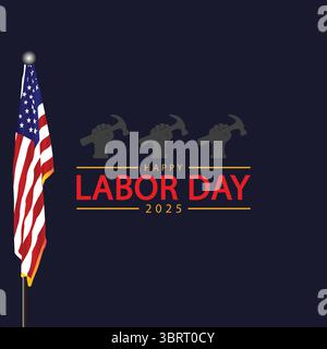 Poster in grassetto per il giorno del lavoro con bandiera e lavoratore su sfondo scuro Illustrazione Vettoriale