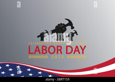 Poster per il giorno del lavoro patriottico con silhouette e bandiera USA ondulata Illustrazione Vettoriale