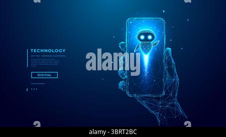 Robot assistente di INTELLIGENZA ARTIFICIALE che esce dallo schermo dello smartphone. Robot app mobile Illustrazione Vettoriale