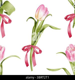 Tulipani con archi rosa motivo senza cuciture, illustrazione ad acquerello disegnata a mano su sfondo bianco. Ideale per tessuti primaverili, carta da imballaggio, biglietti d'auguri Foto Stock