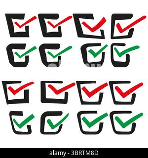 Icone di spunta casella di controllo. Segni verdi rossi. Simboli di omologazione quadrati. Set di opzioni vettoriali. Illustrazione Vettoriale