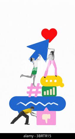 Collage pop-art digitale con tre icone sovrapposte, cursore e cuore Foto Stock