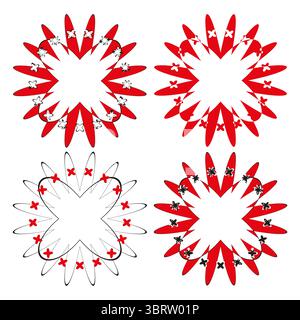 Quattro cornici floreali. Forme di fiori rossi. Vettore petalo astratto. Elementi botanici decorativi. Illustrazione Vettoriale