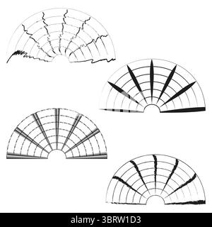 Schemi delle ventole astratti. Visualizzazione radar distorta. Forme radiali geometriche. Texture grunge vettoriali. Illustrazione Vettoriale