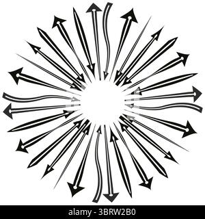 Raffica di frecce radianti. Stella del puntatore circolare. Vettore radiale dinamico. Simbolo di movimento nero. Illustrazione Vettoriale