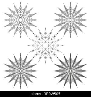 Serie di stelle astratte. Forme di illusione ottica. Ripetizione vettoriale dinamica. Illustrazione del picco geometrico. Illustrazione Vettoriale