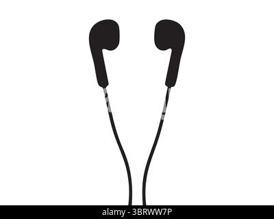 Silhouette nera degli auricolari con cavo isolata su sfondo bianco, illustrazione grafica. Concetto di auricolari per l'ascolto di musica, accesso audio digitale Illustrazione Vettoriale