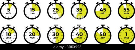 Icone timer impostate. Cronometro, timer cucina, timer conto alla rovescia, simboli del tempo di cottura. Vettore. Illustrazione Vettoriale