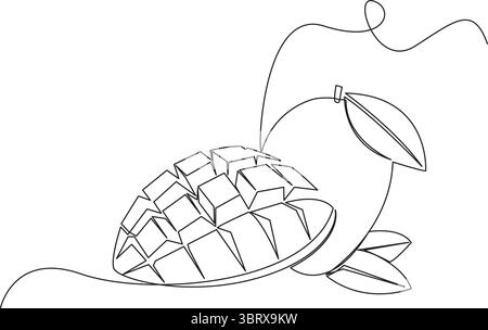 Mango a una linea continua. Illustrazione grafica a una linea con mango biologico, disegno continuo a una linea di frutti di mango con foglia. Mango frutta ha Illustrazione Vettoriale