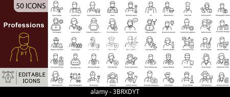 Icone della linea professioni: Set vettoriale lavori, lavoratori e carriere diversi Illustrazione Vettoriale