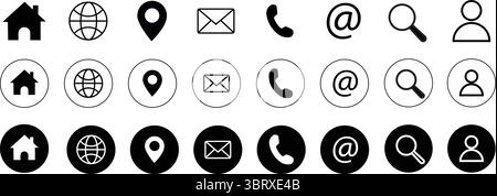 Icone di linea modificabili di contatto e navigazione impostate in stili interfaccia utente Web solido, contorno e circolare Illustrazione Vettoriale