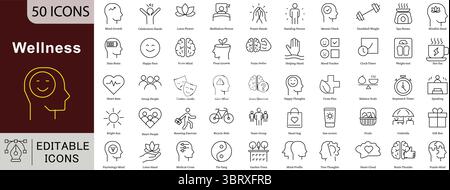 Icone della linea modificabile del benessere impostate per la salute, il benessere mentale e la cura di sé Illustrazione Vettoriale