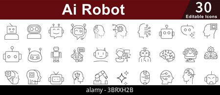 Icone di linea modificabili robot AI impostate per l'intelligenza artificiale e la tecnologia del futuro Illustrazione Vettoriale