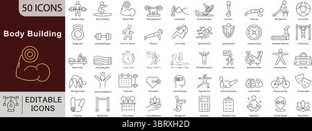 Set di icone di linea modificabili per fitness, allenamento di forza, muscoli e attrezzature da palestra Illustrazione Vettoriale