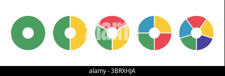 Diagrammi di ciambella, torte segmentate su set di parti uguali. Infografica diagrammi raccolta multicolore. Ruote divise in sezioni. Grafico della sezione circolare. Torta Illustrazione Vettoriale
