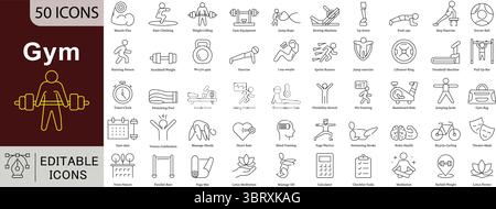 Set di icone della linea modificabile della palestra per attrezzature fitness, allenamento, esercizio fisico e attività di allenamento Illustrazione Vettoriale