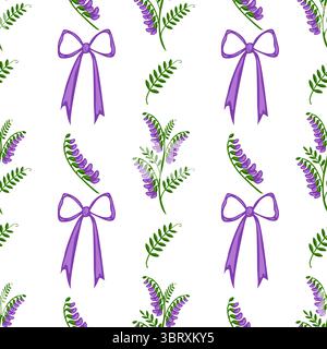 Motivo vettoriale senza cuciture con fiori di vetra trapuntati stilizzati e fiocchi viola su sfondo bianco, per un design floreale delicato e affascinante. Illustrazione Vettoriale