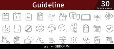 Icone di linea modificabili delle linee guida impostate per regole, istruzioni, criteri e gestione dei processi Illustrazione Vettoriale