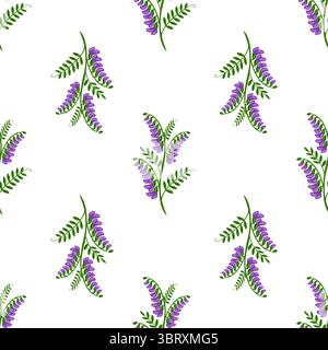 Motivo vettoriale senza cuciture di fiori di vecchietto stilizzati con vivaci fiori viola e lussureggiante fogliame verde, disposti in un design ripetitivo su un bianco Illustrazione Vettoriale