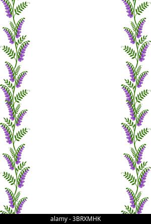 Elegante cornice floreale vettoriale con due linee verticali di fiori di vecchietto tufted viola stilizzati e foglie verdi su sfondo bianco, perfetta per gli invitati Illustrazione Vettoriale