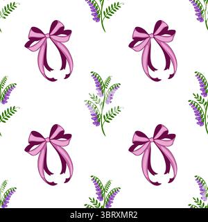 Motivo vettoriale senza cuciture caratterizzato da delicati fiori di vecchietto viola e eleganti fiocchi rosa su uno sfondo bianco nitido, per creare un fascino e un sop Illustrazione Vettoriale